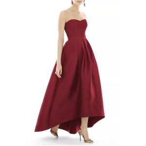 Alfred Sung D699S Strapless High Low Satin Gown Maroon